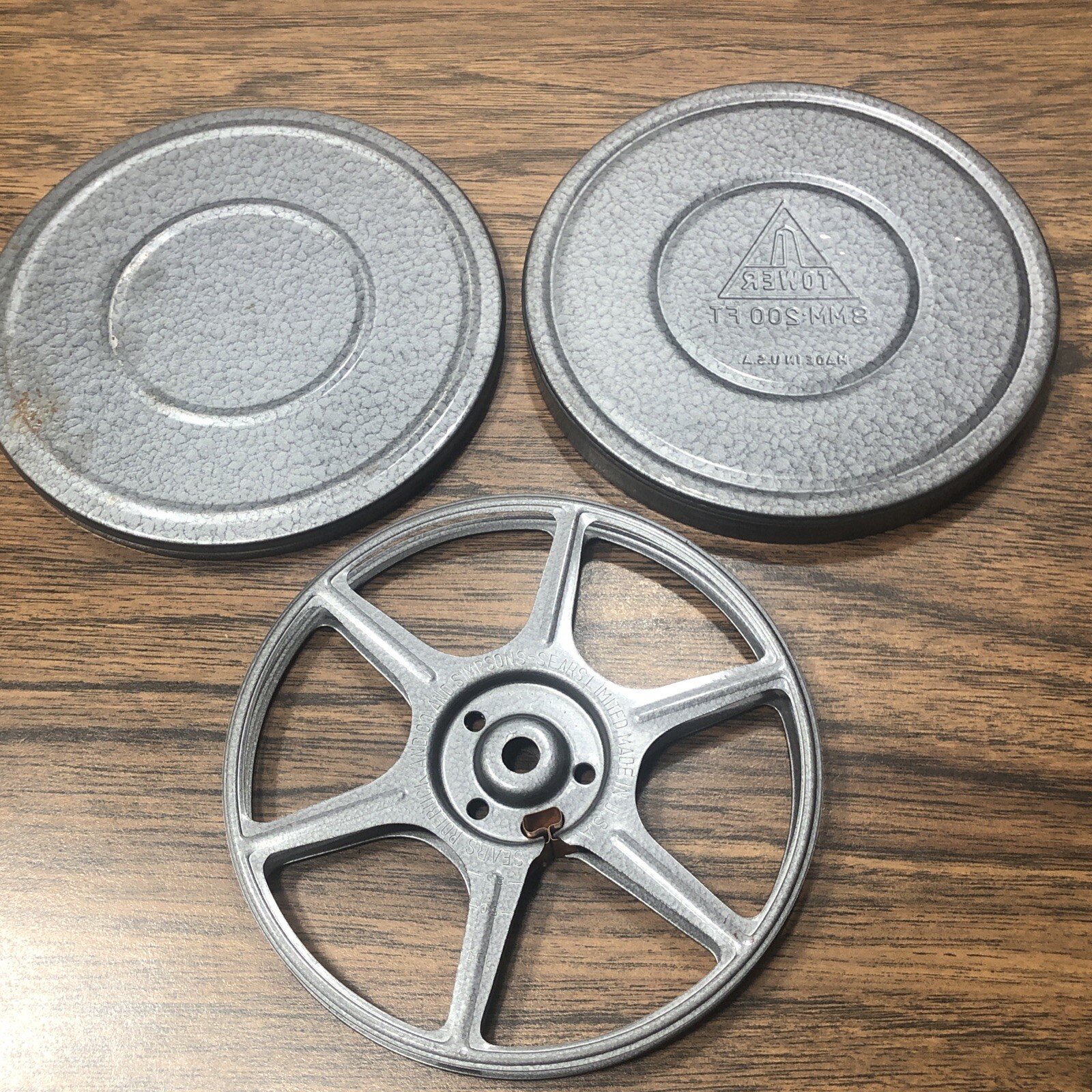 3x Vintage 8mm 200’ 5” Metal Film Reel w/ Tower Metal Canister Lot Sears Compco
