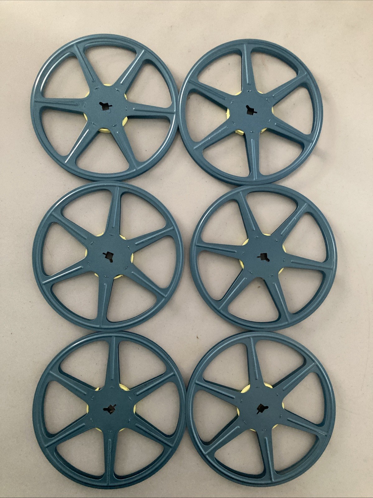 6pc Empty 16mm Metal Film Reel 7″ 400ft Movie Take Up 400′ 120m Vintage Blue