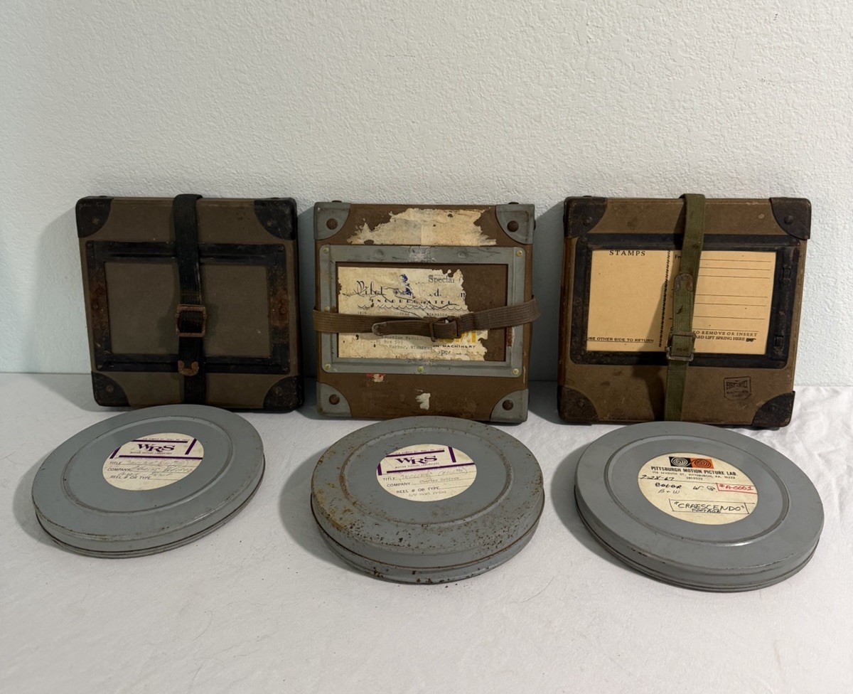 3 Vintage Film Reel Shipping Box Mid Century 16mm Fiberboard Strap W/ 3 Reels