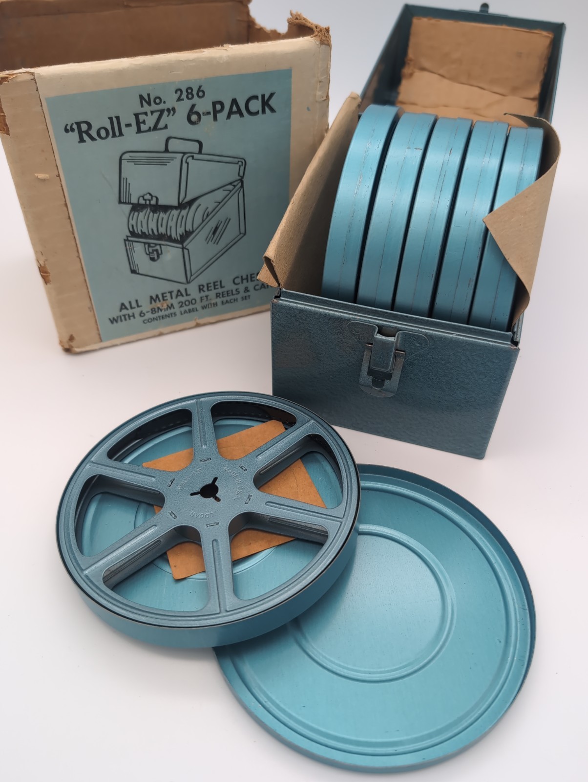 Vtg Metal 8mm Film Reel Blue Storage Case Chest w/ Six 5″ Reels/Canisters