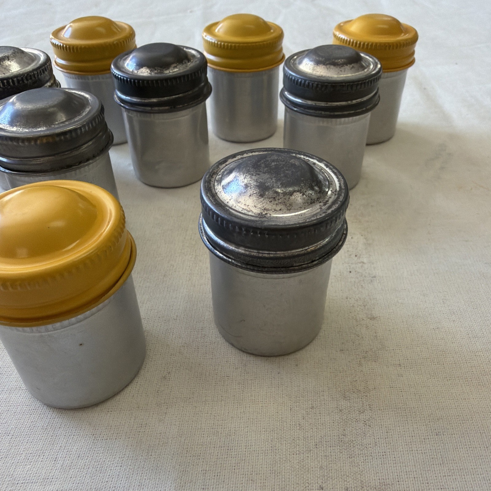 10 Vintage Metal Film Canisters with Silver or Yellow Caps