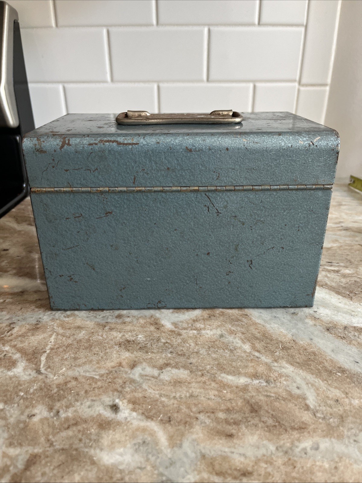 Vintage Logan De Luxe Movie Reel Chest Metal 5.5” X 7.5” Grey Blue With Handle