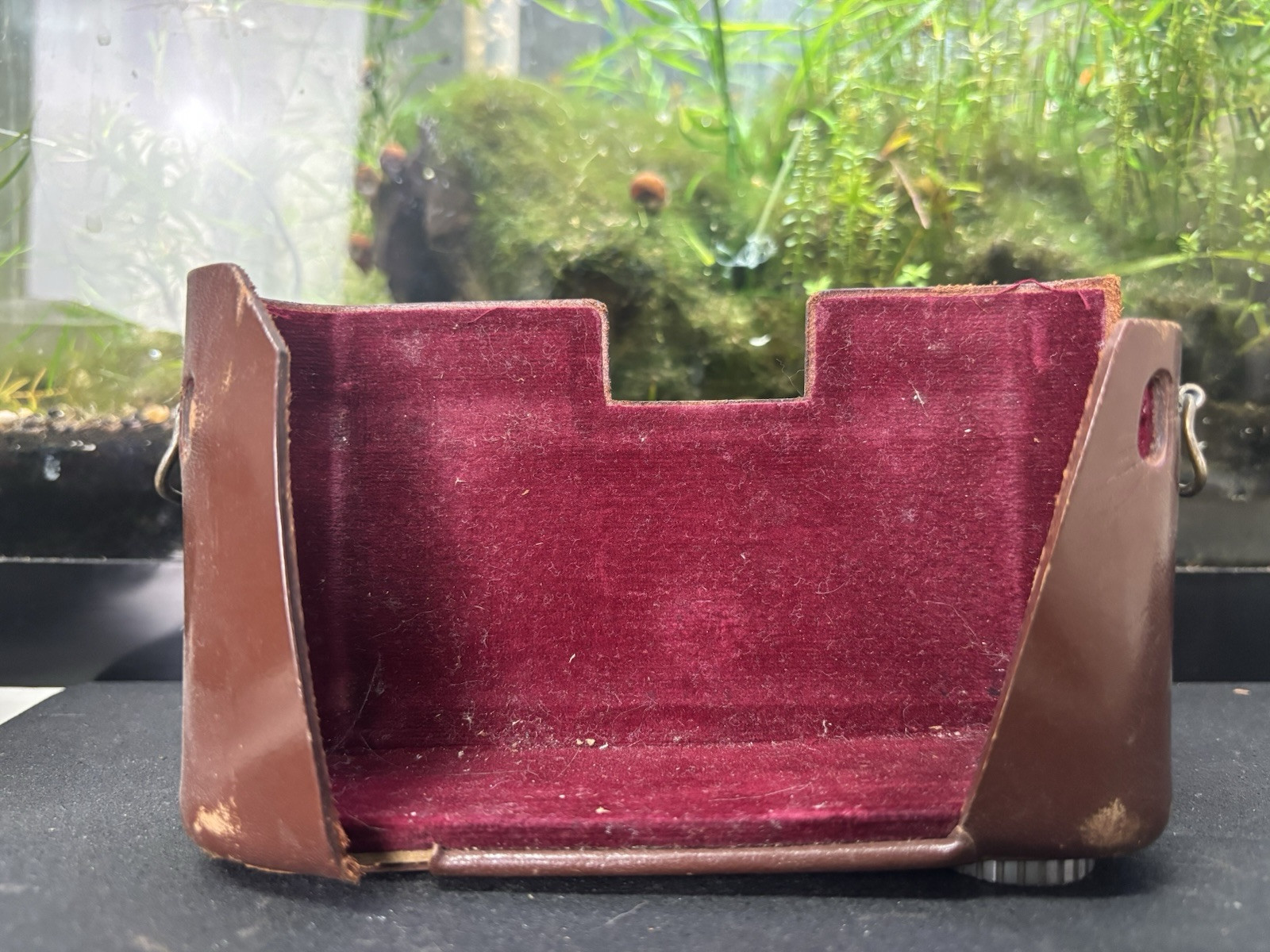 Vintage Brown Film Camera Case Made in Japan lots of wear and rust on metal.