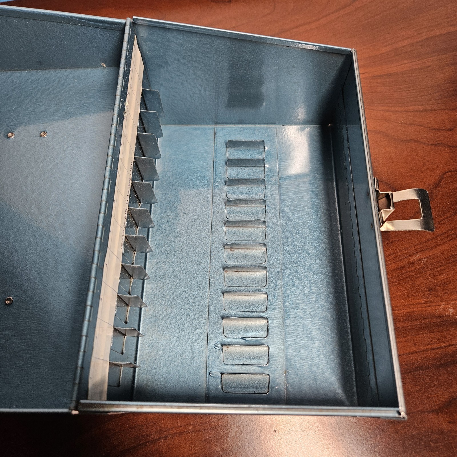 Vintage Logan Deluxe Metal 8mm Film Reel Metal Chest 12 Slots – Blue