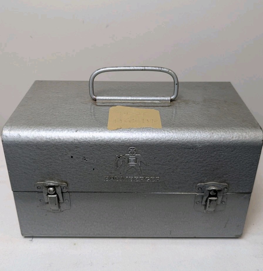 8mm Vintage 5″ Brumberger Reel to Reel Metal Storage Case with 10 Reel Cans