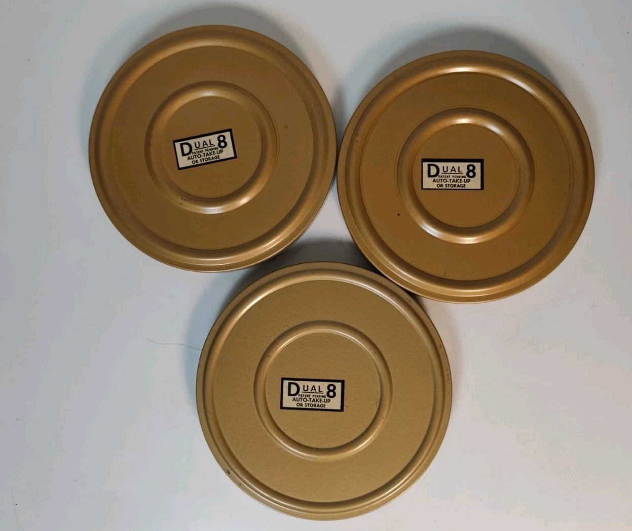 3 Vtg 5″ DUAL 8 Metal Film Canister Storage Can 8mm Movie Reel 200ft COMPCO