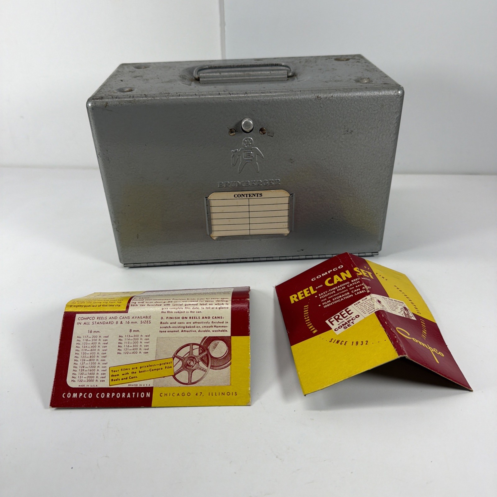 Vintage Brumberger 12 slot- 8mm Film Reel Case Metal Box 1950’s w/ Advertising