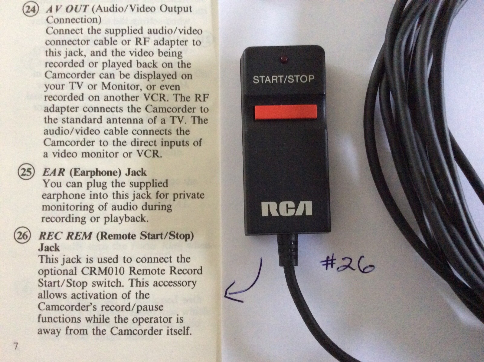 RCA Video Camcorder CPR300 Start/Stop remote control 16 feet cable