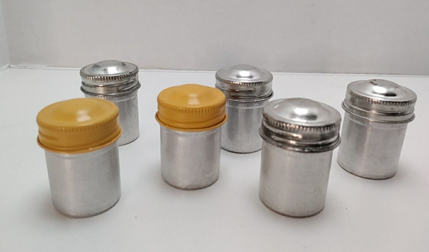Set Of 4 Silver & 2 Yellow Lid 35 MM Film Canisters Empty Vintage