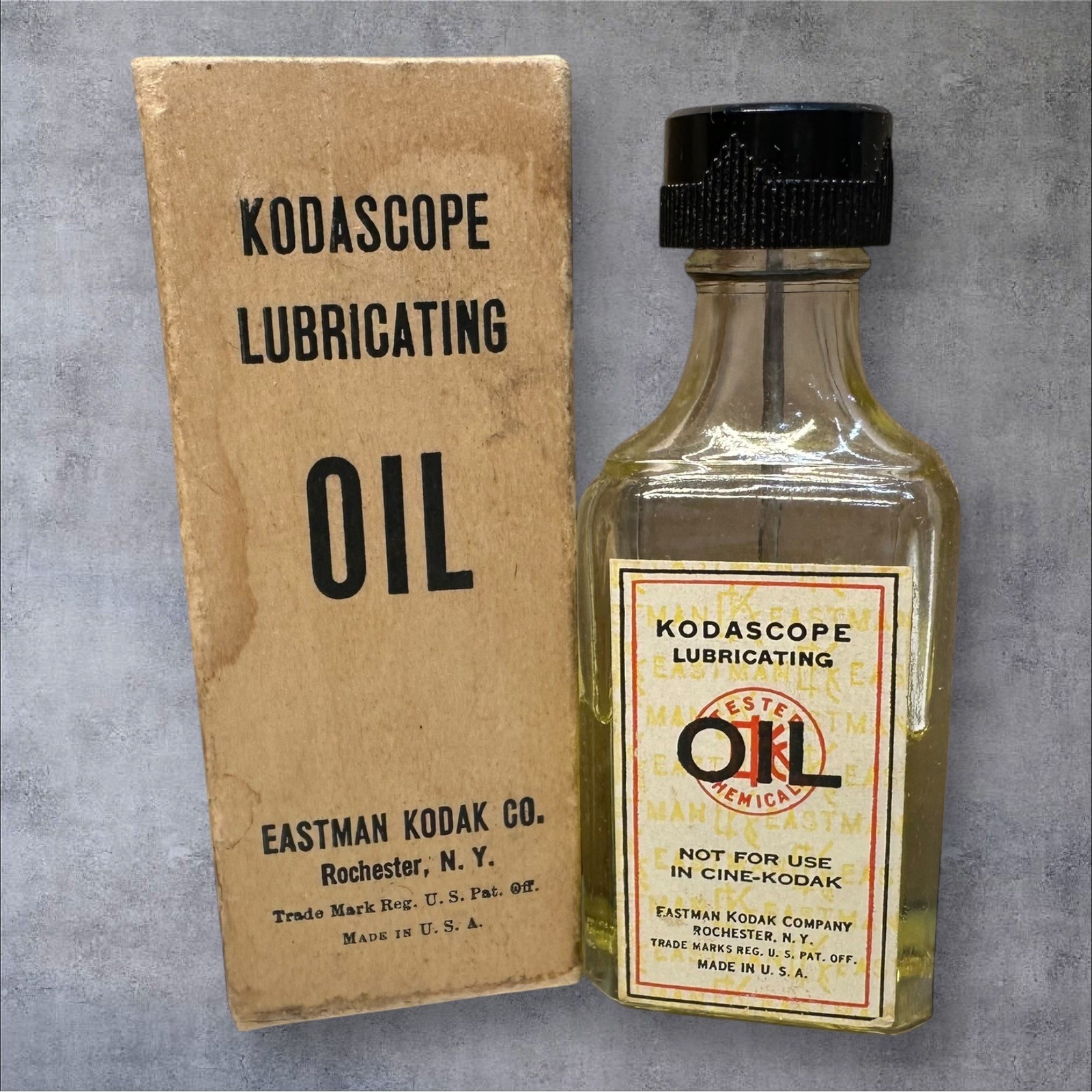 Eastman Kodak Kodascope Lubricating Oil Vintage Glass Bottle Box
