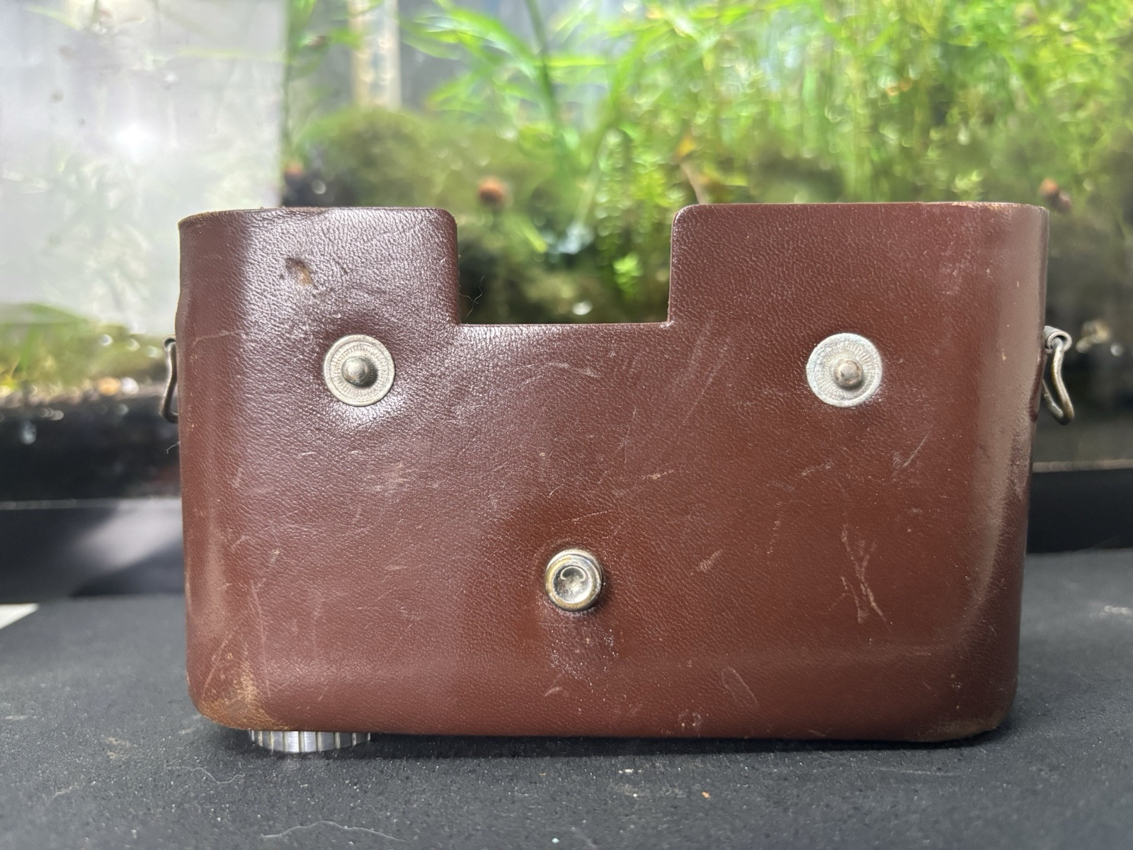 Vintage Brown Film Camera Case Made in Japan lots of wear and rust on metal.