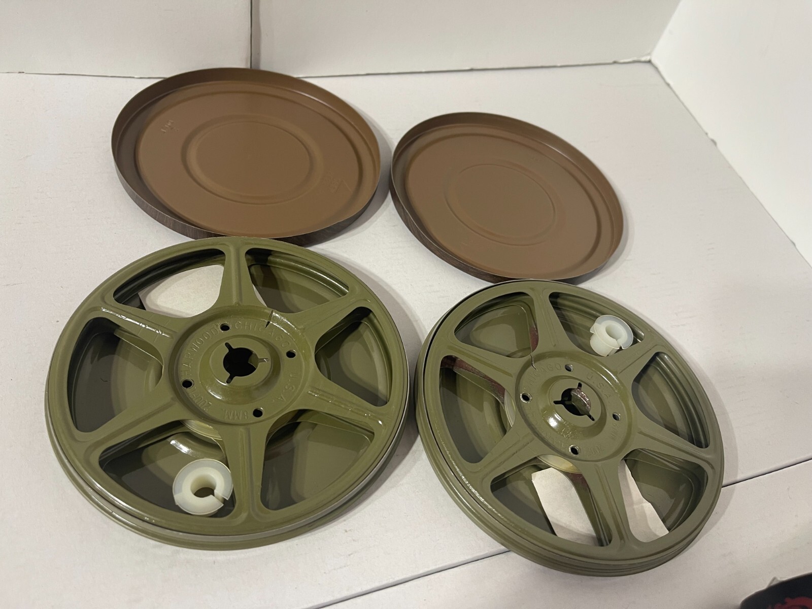 Lot of 2 Vintage Harwood 8mm Reel & Can Film Holders Wood Grain Metal Case