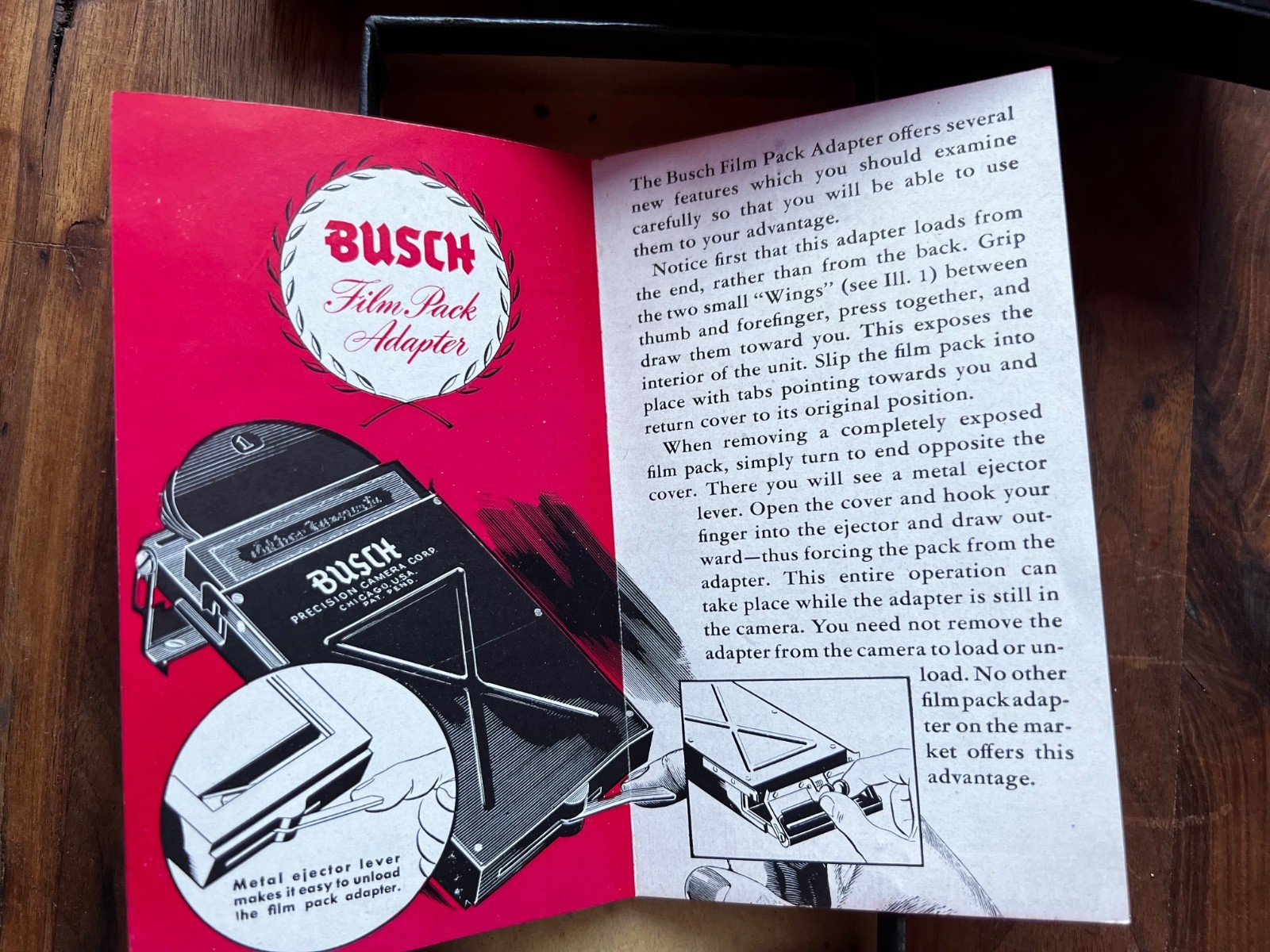 Vintage 1940s Busch Pressman 2×3 Film Pack Adapter 2 1/4 x 3 1/4 Box Manual Vg