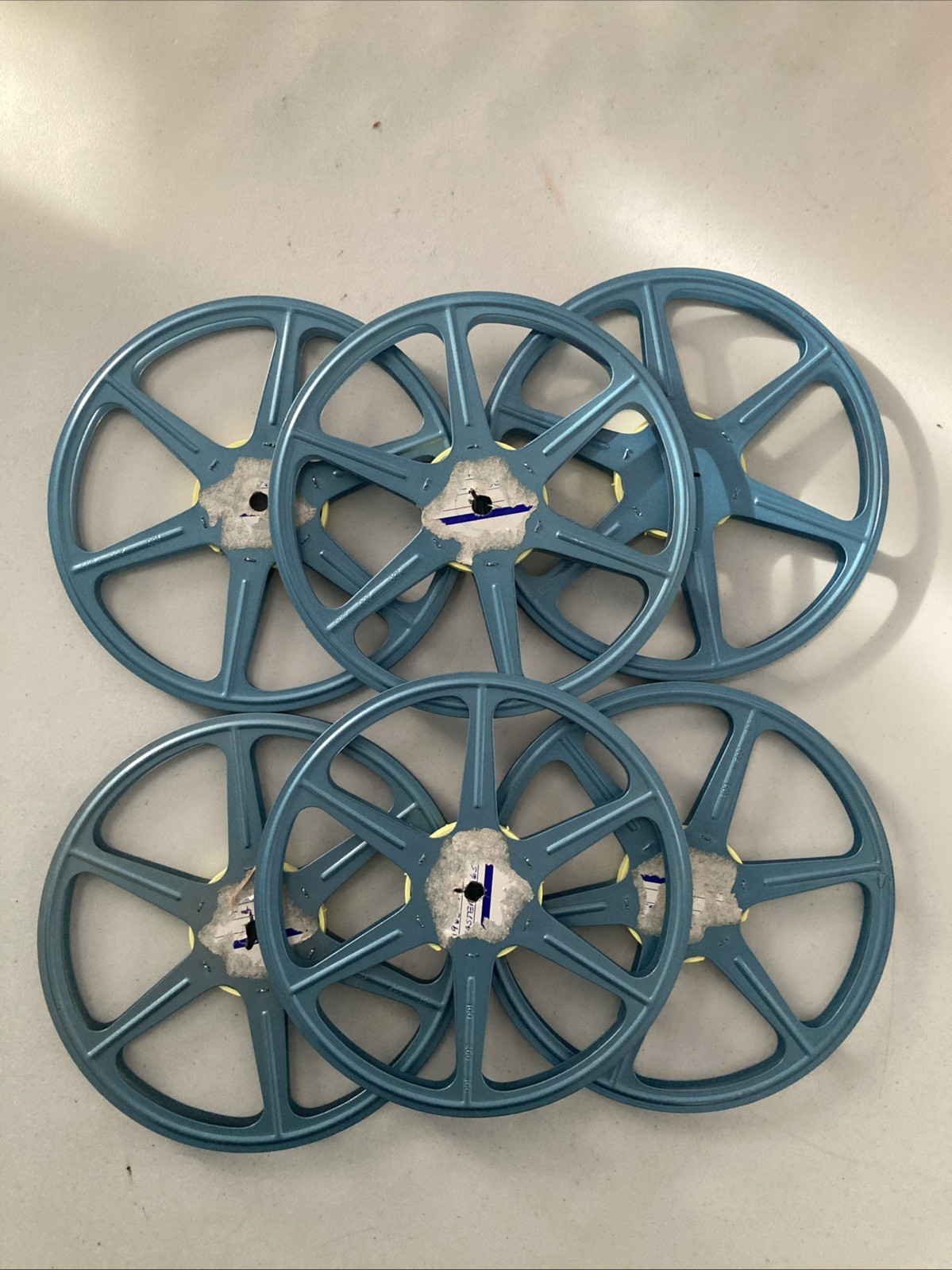 6pc Empty 16mm Metal Film Reel 7″ 400ft Movie Take Up 400′ 120m Vintage Blue