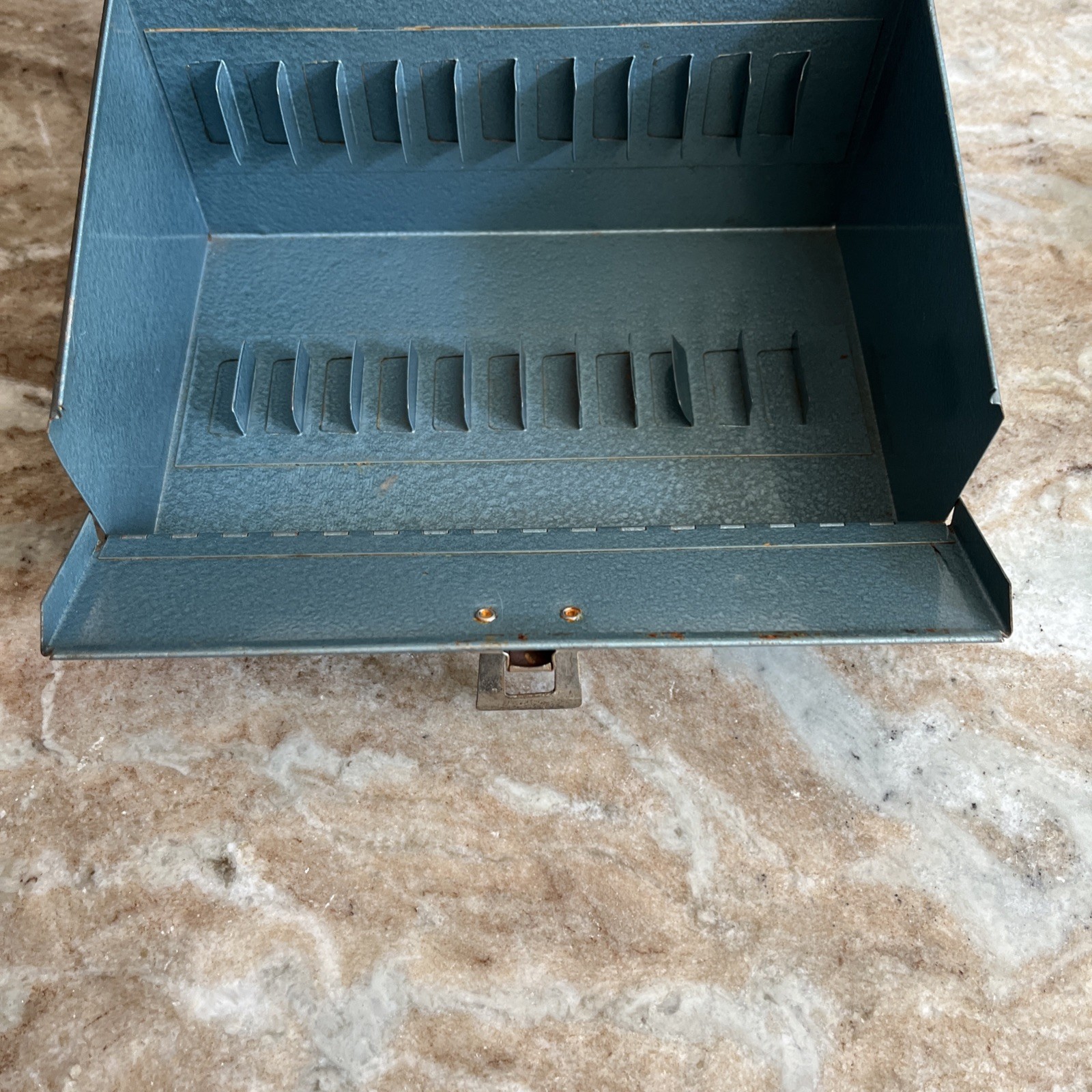 Vintage Logan De Luxe Movie Reel Chest Metal 5.5” X 7.5” Grey Blue With Handle