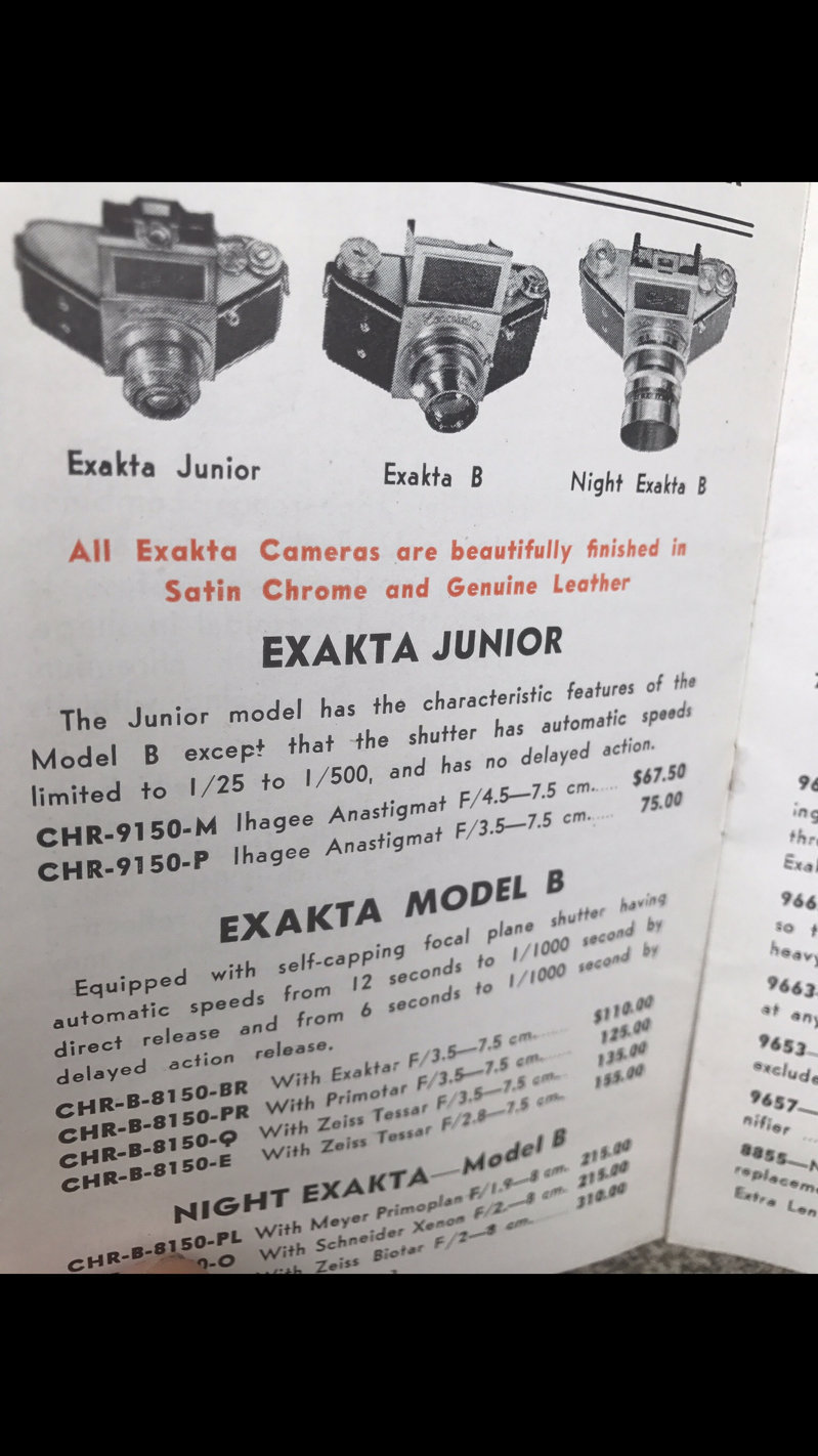 1939 Exakta brochures Kine VP Camera Night, B C Zeiss Hugo meyer lens price list