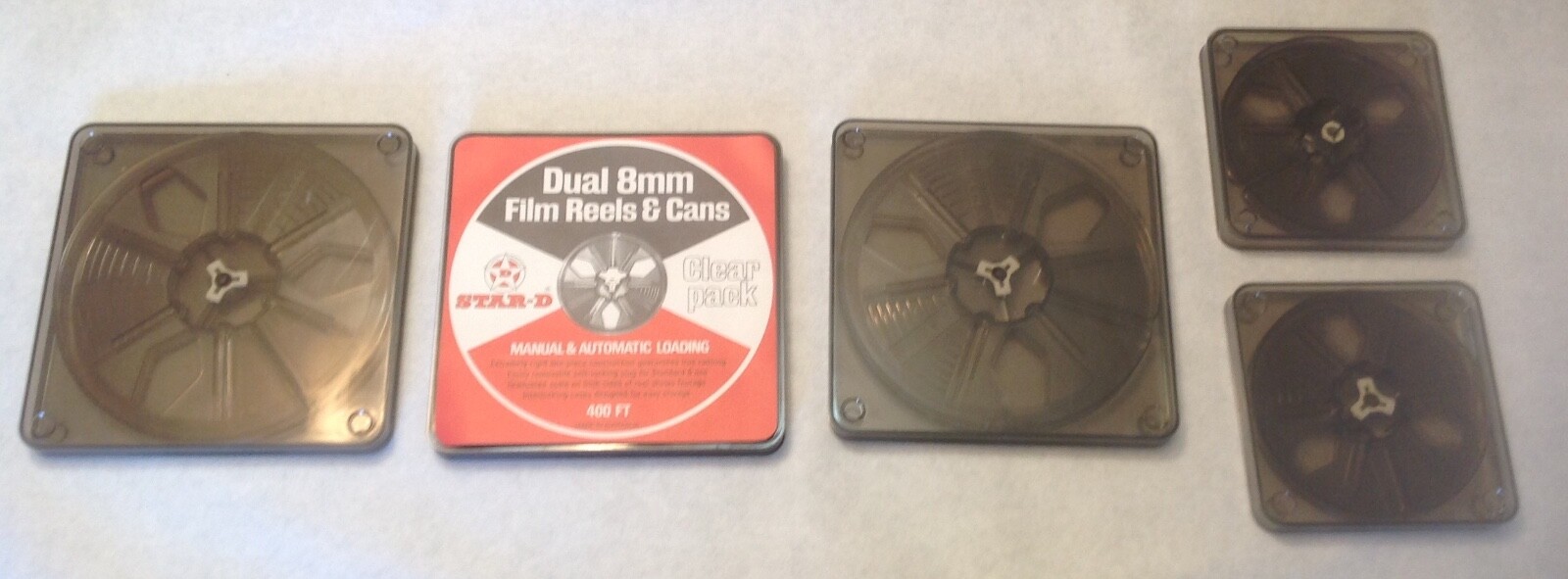 Tuscan dual 8mm film reels+cans Man. Aut. load 400ft made in Australia LOT OF 5