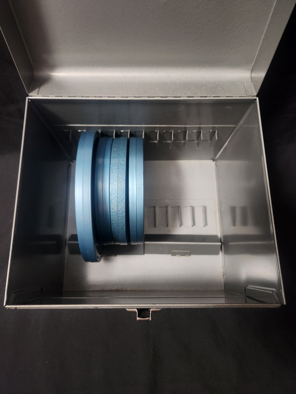 Vintage 8mm Movie Reel Metal Storage Box 12 Slots With Four 8 MM Cases Bruce