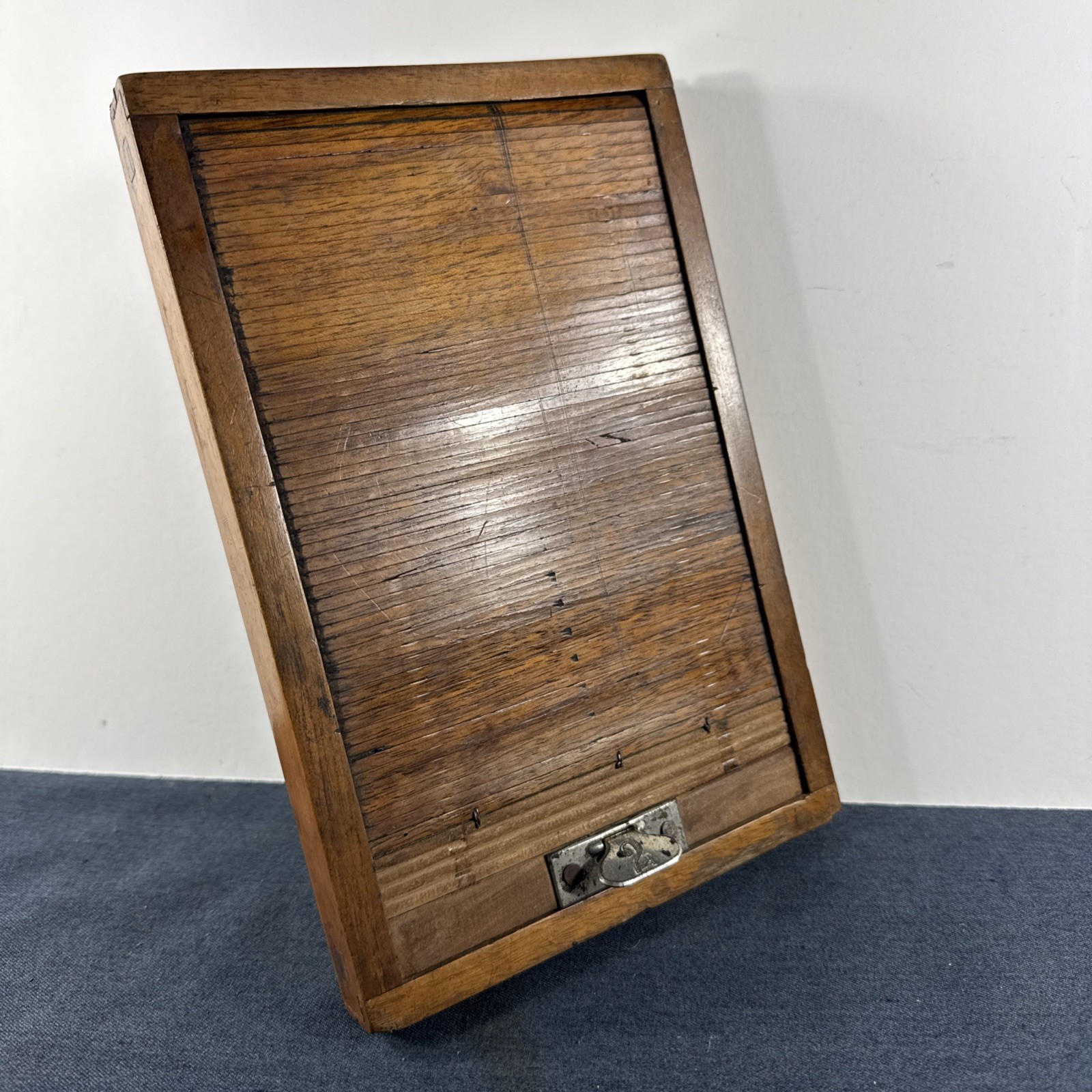 Rare Wooden 5x7in Glass Plate Double Sided Tambour Style Roller Blind Slide