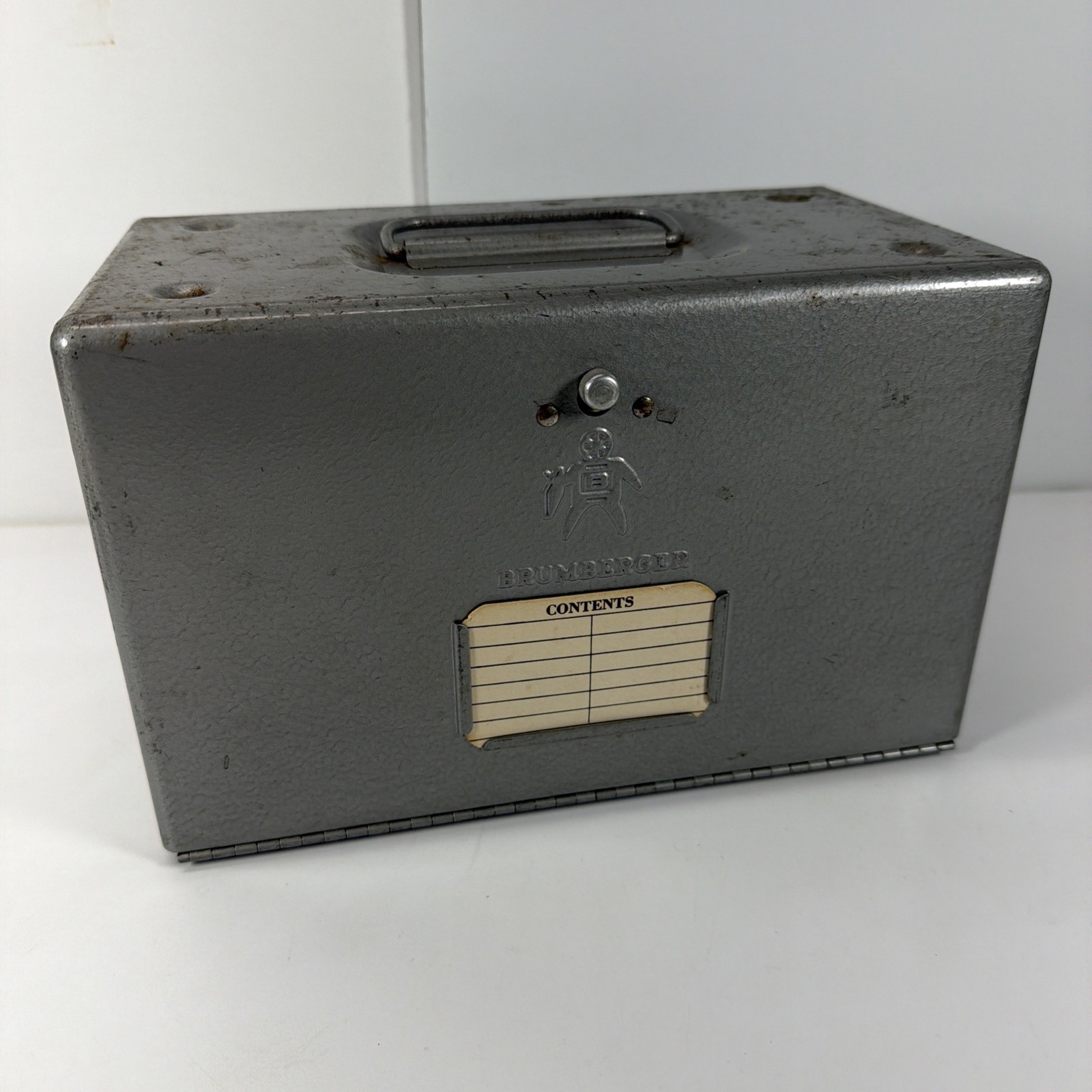 Vintage Brumberger 12 slot- 8mm Film Reel Case Metal Box 1950’s w/ Advertising