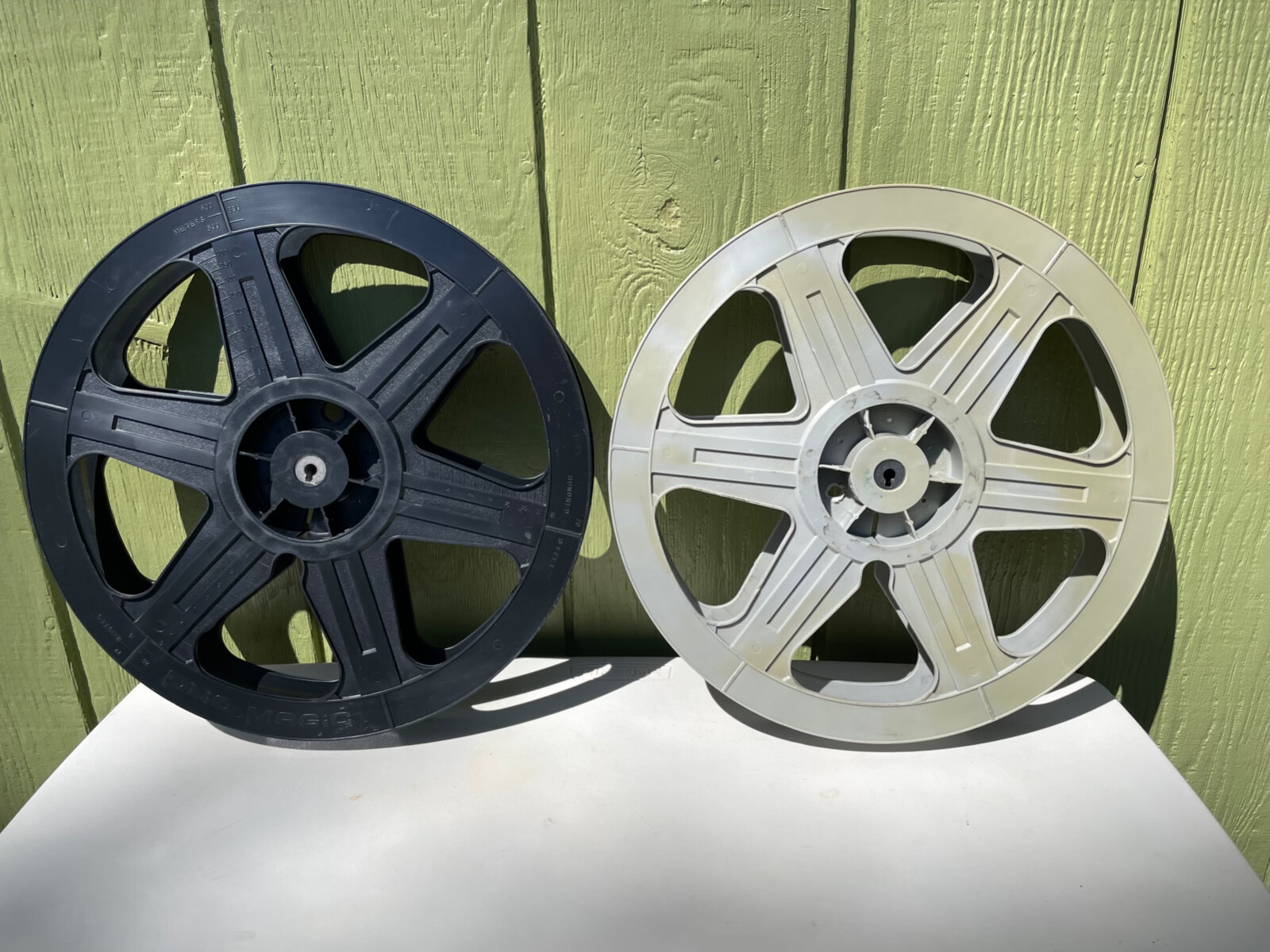 2 Vintage Plio Magic? Plastic Movie Film Reel 35mm 14-3/8″ Black Grey 6 Hole