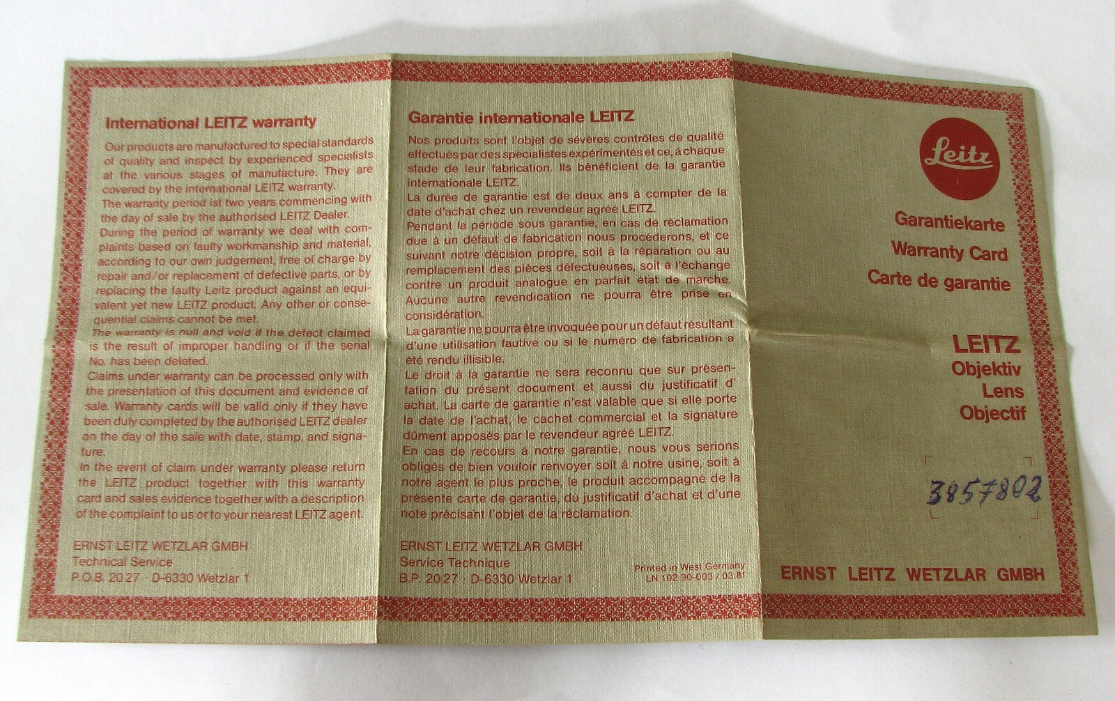 1981 International Leitz Leica Wetzlar Lens Warranty Card Only