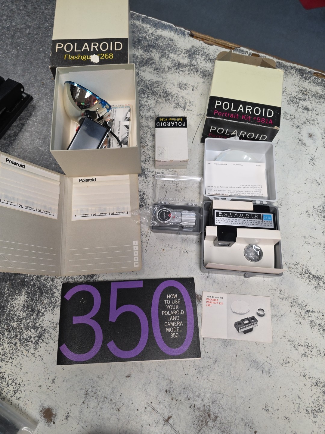 Polaroid 350 BOOK kit 581A flash 268 self timer 192 and accessory LOT No Camera