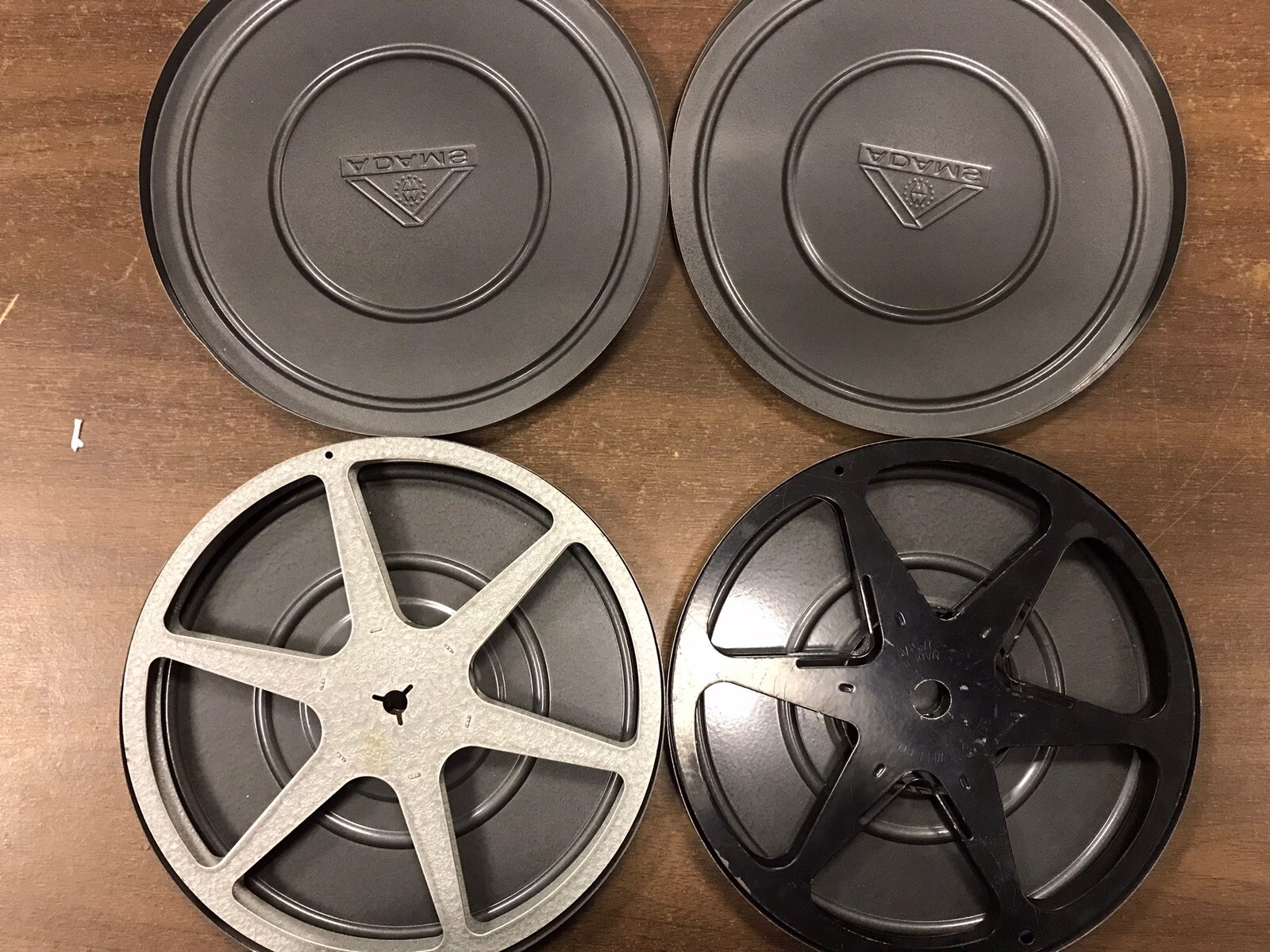 2 Vintage ADAMS Metal Film Cases With Reels. 7 Inch Diameter.
