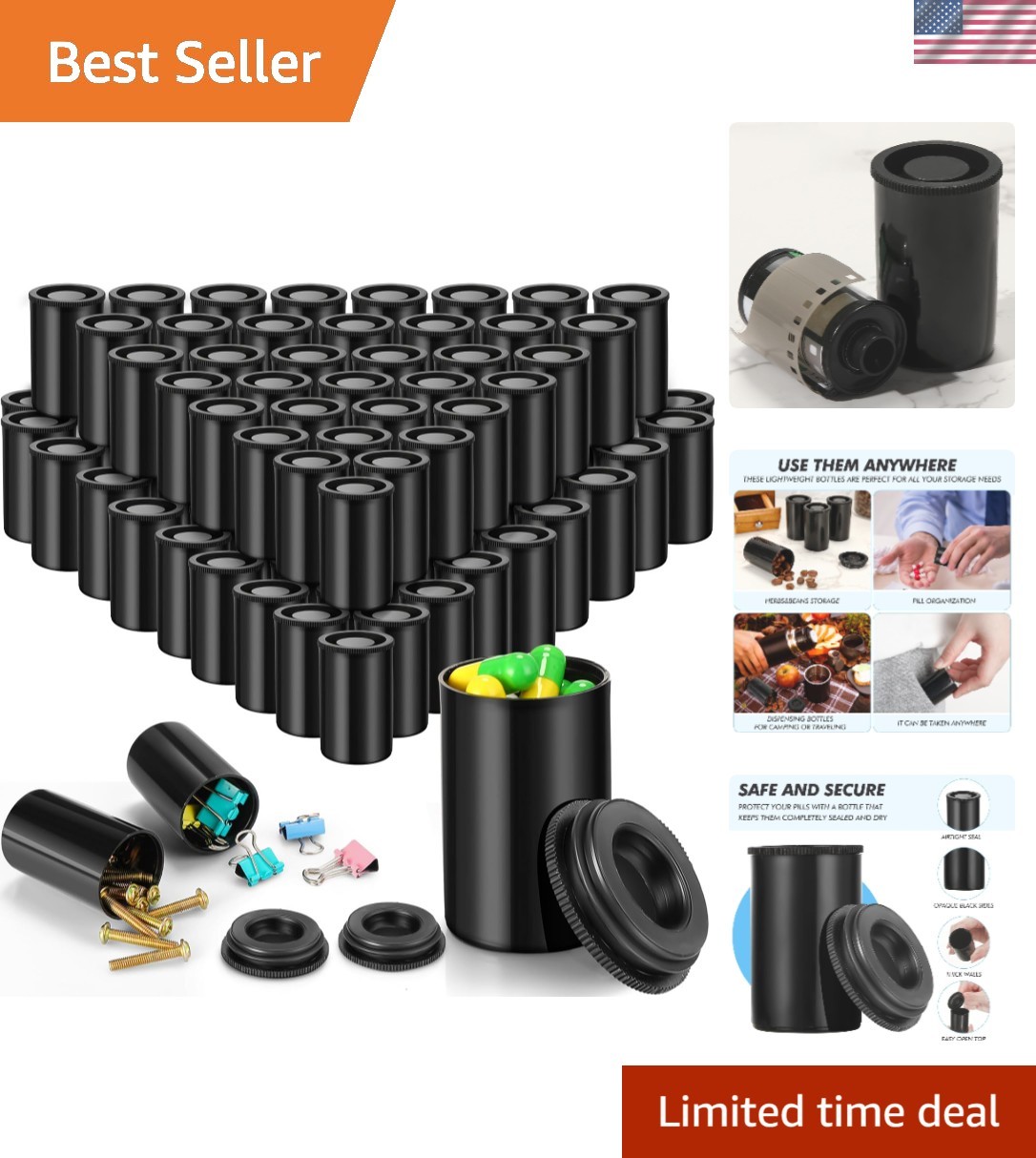 100 Pcs Plastic Film Canister Holder 35 mm Empty Camera Reel Containers Stora…