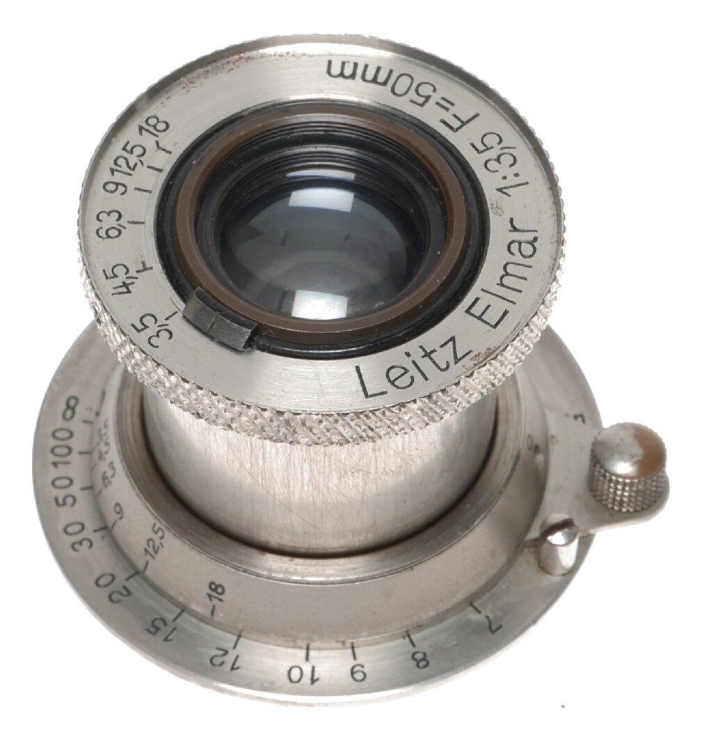 Leitz Elmar 1:3.5 F=50mm SM Leica camera lens rare in bakelite keeper