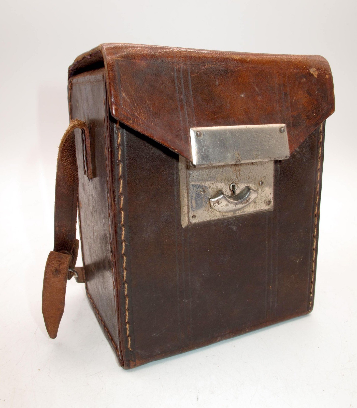 *VINTAGE* BROWN HARD CASE 5″x 5.5″ x 3″ WITH STRAP-PURPLE INTERIOR
