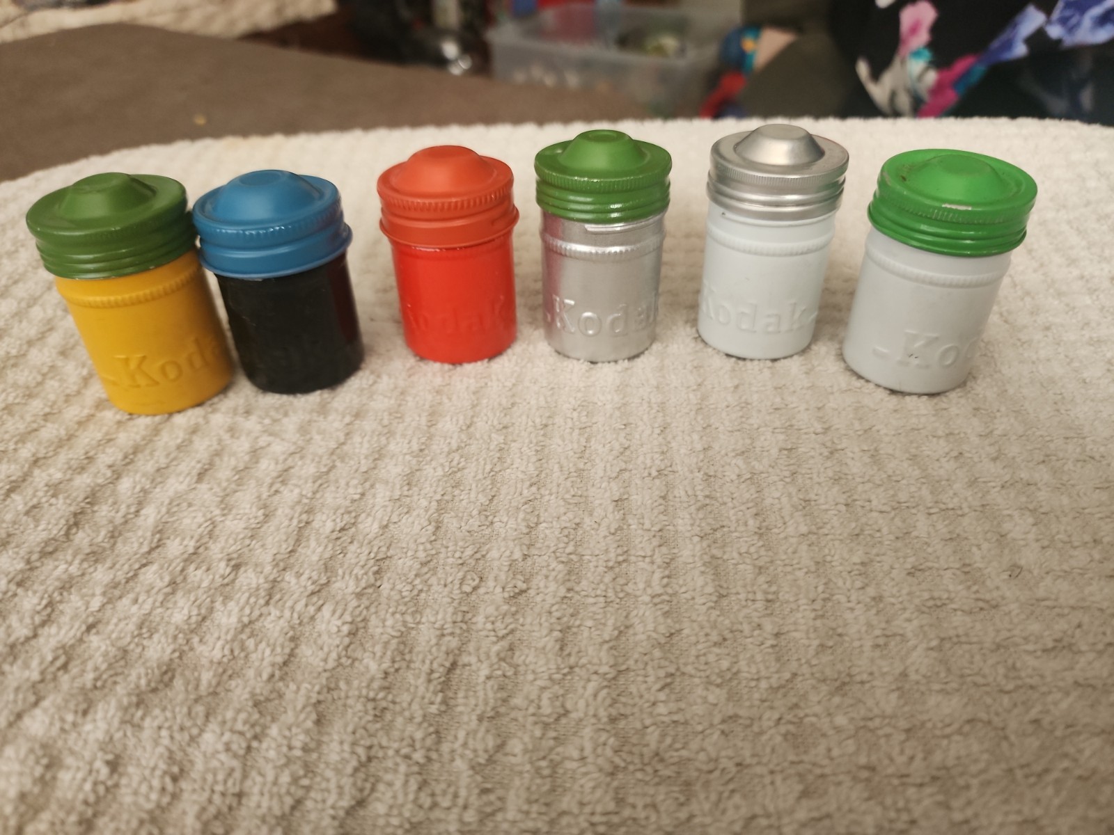 Lot of 6 Yellow, Black and Stainless Metal Aluminum 35mm Film Can Canisters