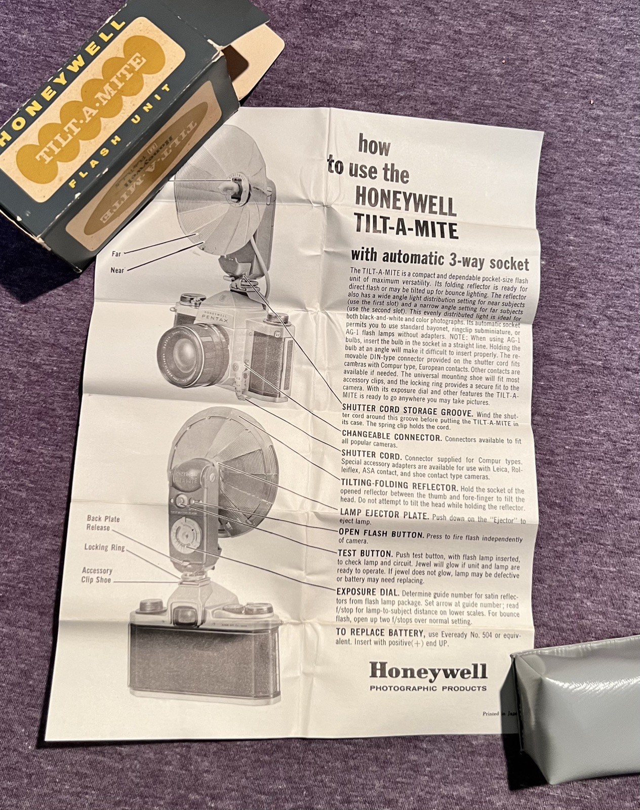 Honeywell Tilt-A-Mite Flash Unit Collapsible Fan Style Vintage Camera Pentax