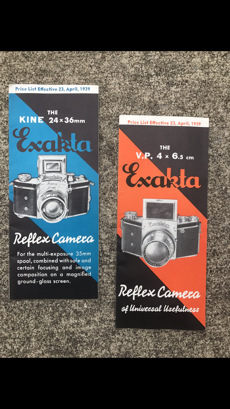 1939 Exakta brochures Kine VP Camera Night, B C Zeiss Hugo meyer lens price list