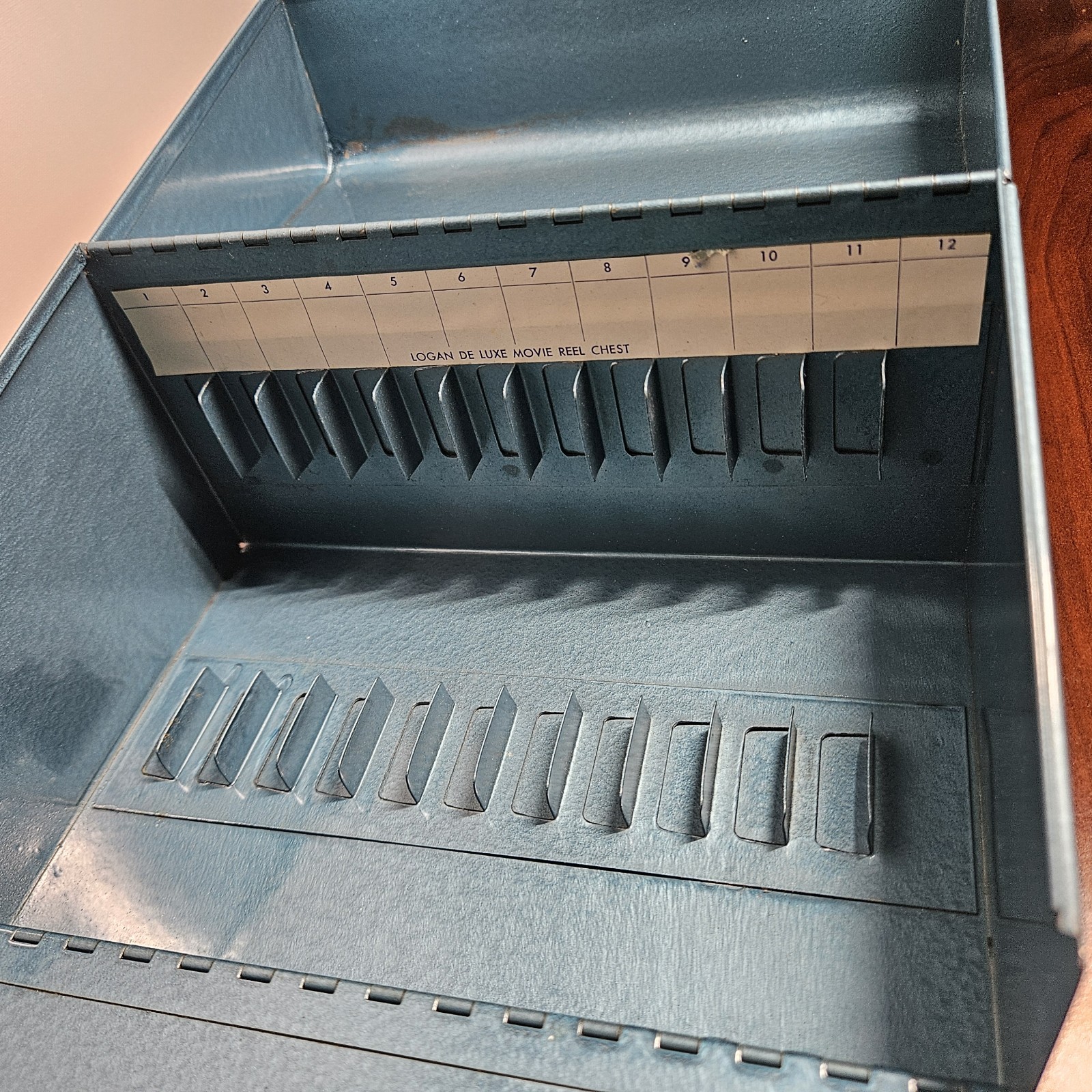 Vintage Logan Deluxe Metal 8mm Film Reel Metal Chest 12 Slots – Blue
