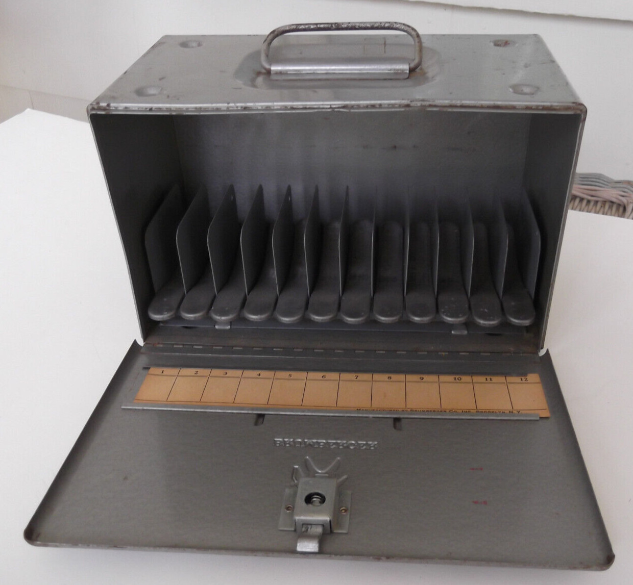 Vintage Brumberger Steel Storage Box or Case for 12 8mm Film Reels with Handle