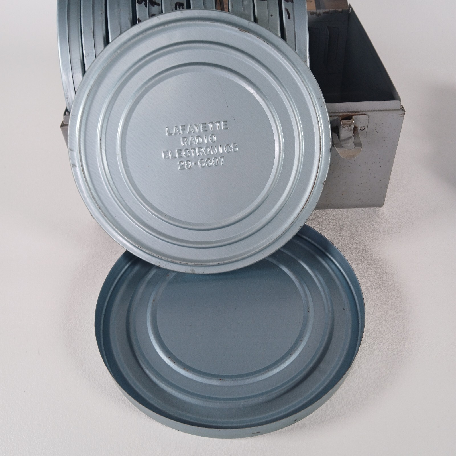 Vintage 50s Brumberger All Metal Movie Reel Box W/ 10 Empty Lafayette Cases