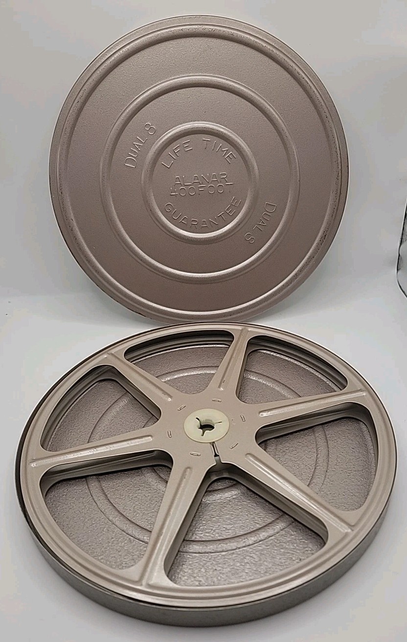 Dual 8mm Vintage 400ft Metal Film Reel and Canister Can 7 In Diameter