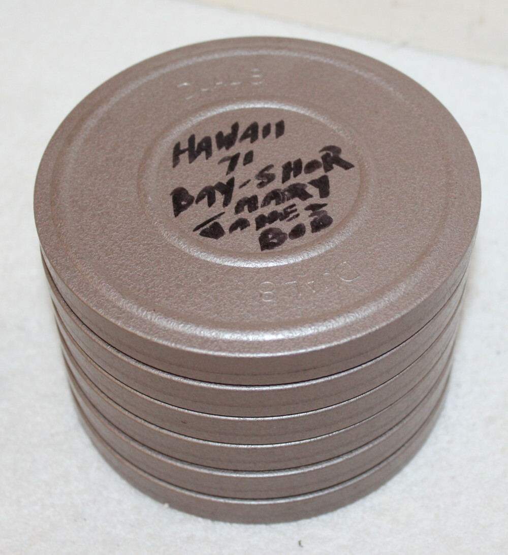 6 Vintage 5″ Dual 8 Metal Film Reel Cans + 2 Films ~ Hawaii Family Vacation