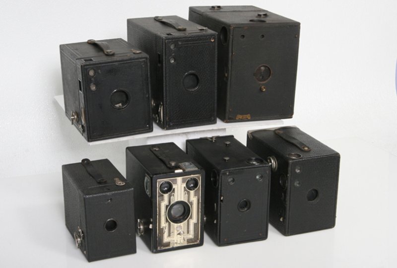 Seven antique cameras – Box Camera Collection – kodak, Ray, Ansco