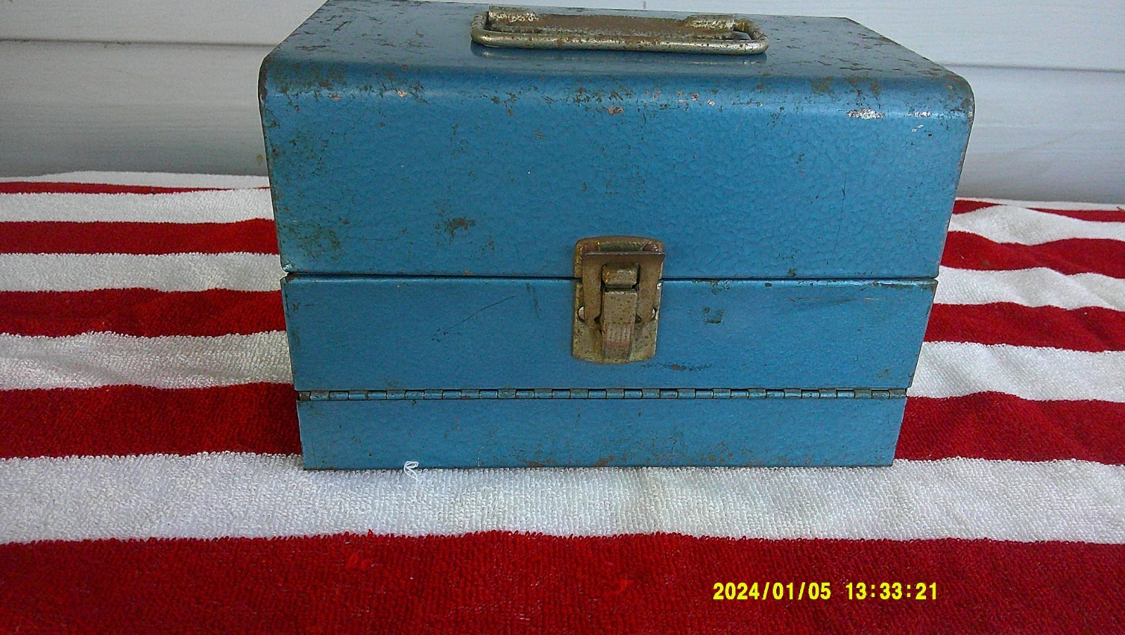 vintage blue metal film reel storage carrying case