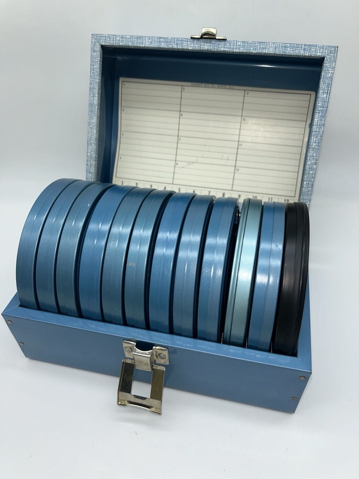 Vintage Complete BRUCE Metal Super 8mm Film Storage Case Box & 12 Canisters 1D