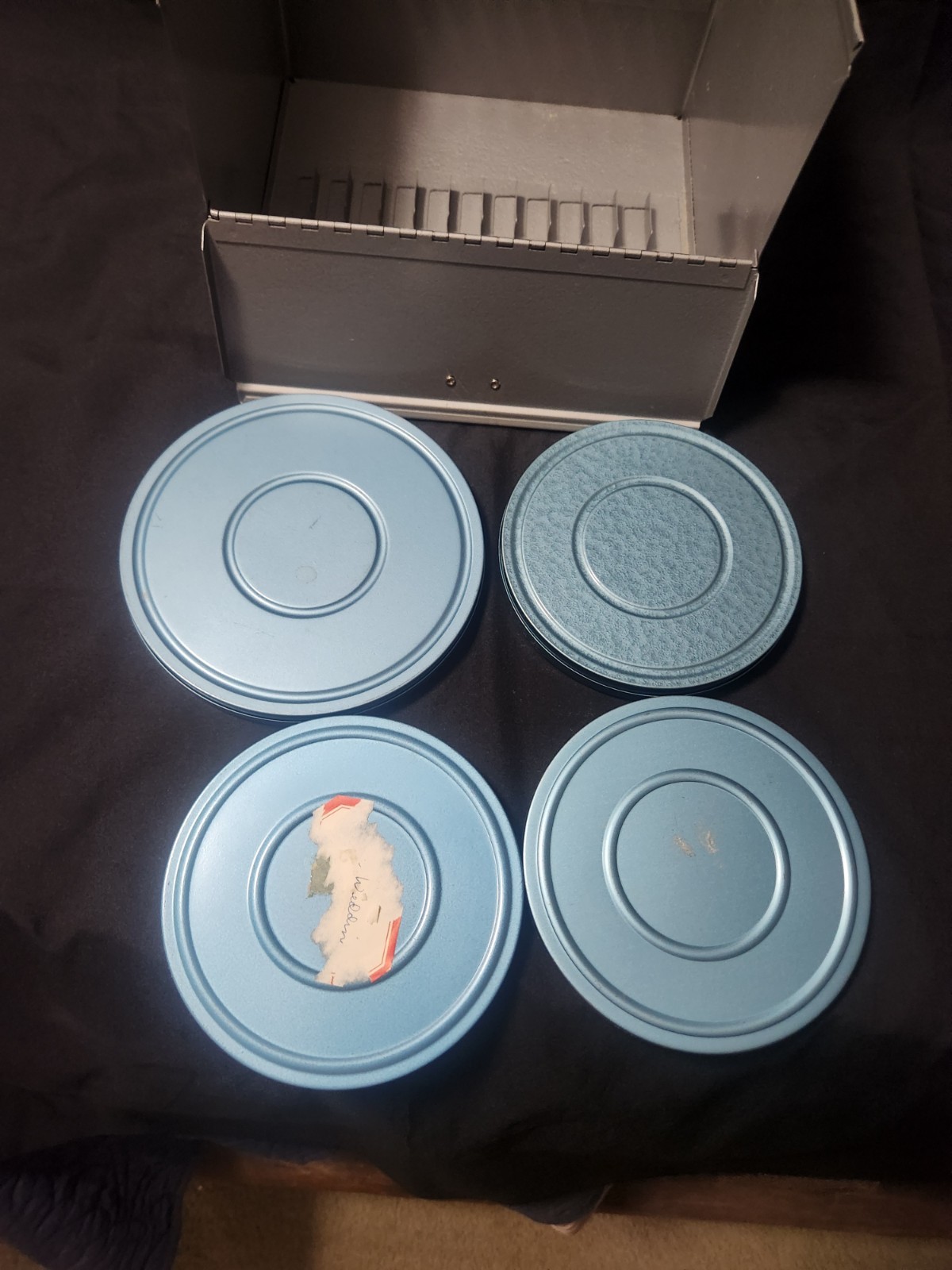 Vintage 8mm Movie Reel Metal Storage Box 12 Slots With Four 8 MM Cases Bruce