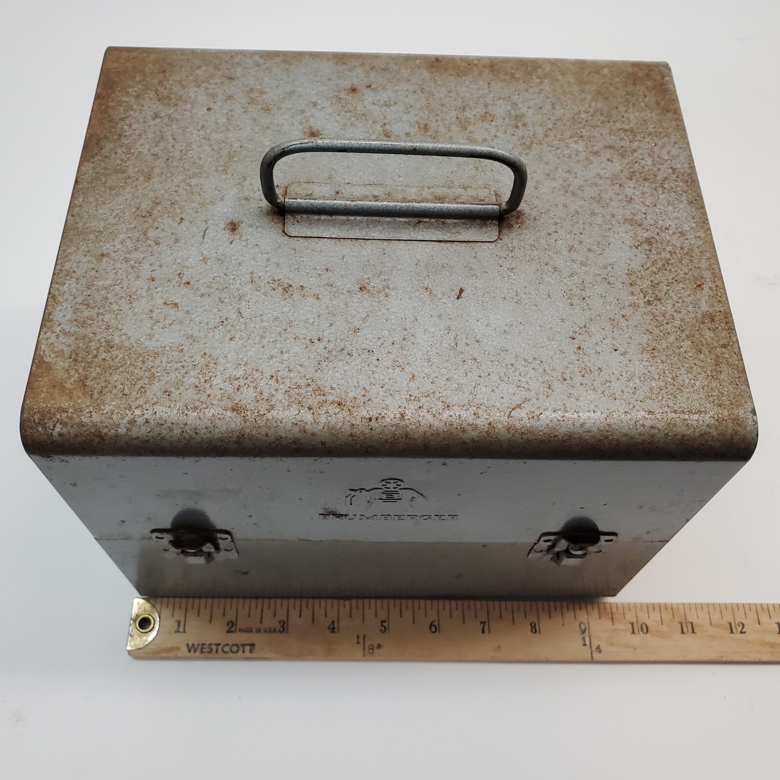 Vintage Brumberger Metal Case for 8mm Film Cans 12 Slots 9.5×7.5×7.5″