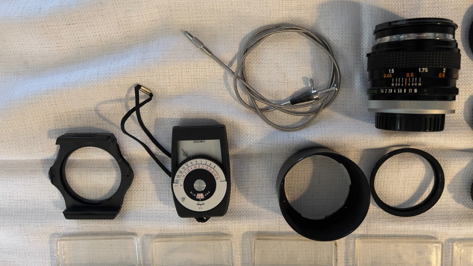 Vintage Camera Gear, Case, Flash, Light Meter, Filters, Canon 50mm 1.4 FD Lens