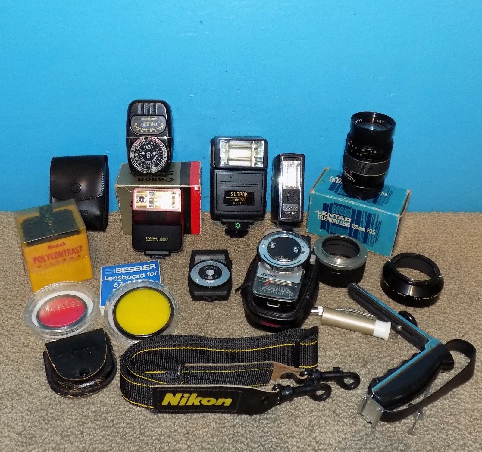 Box Lot Camera Accessories 35mm Filters Flashes Light Meters Etc.