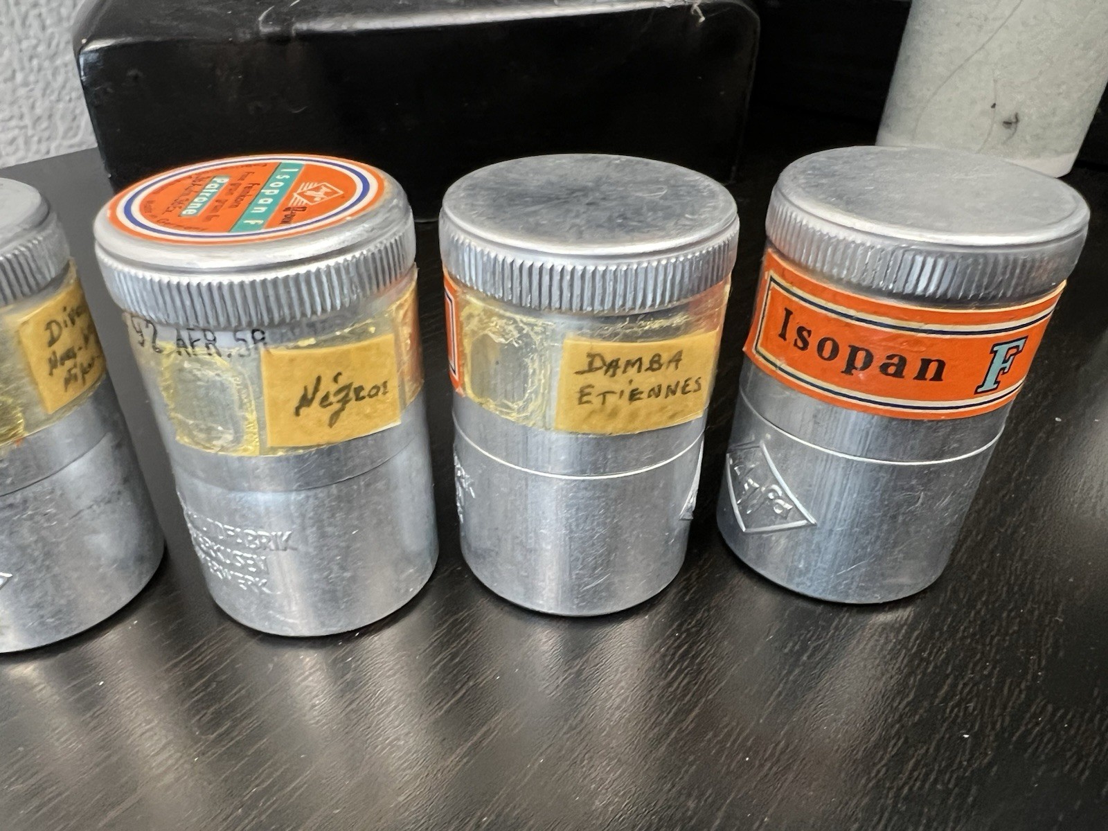 Vintage 5 aluminium 35mm film canisters ADOX and Isopan w/ Developed Film
