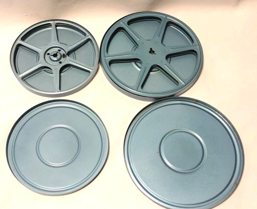 2 Vintage Blue Metal 8mm Film Reels and Canisters 6″ Compco 7″ No Name B2