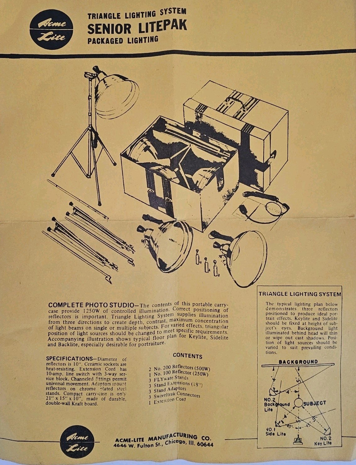 Vtg Acme-Lite Senior Litepak Triangle Lighting System Studio Kit w/ Case & Stand