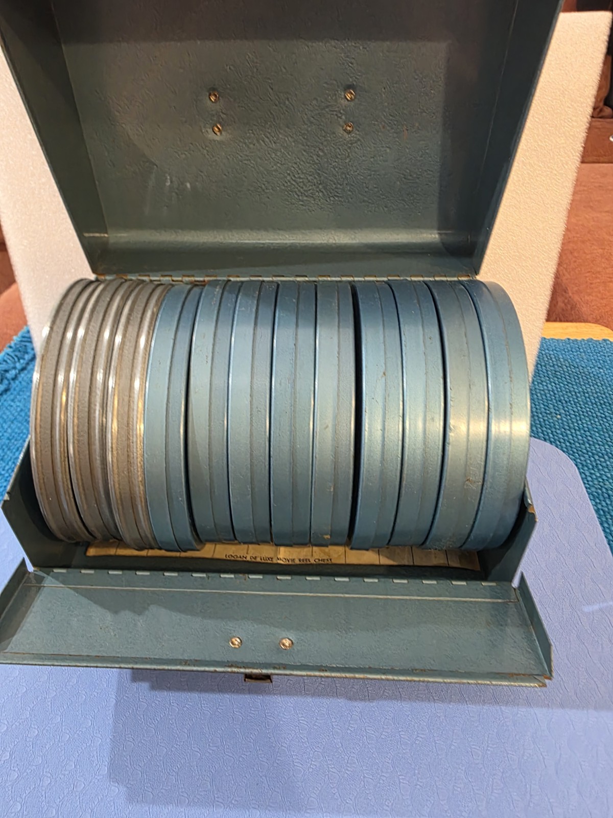 Vintage Metal Movie Reels CARRYING CASE WITH (12) 5” 8mm Film Reel Canisters